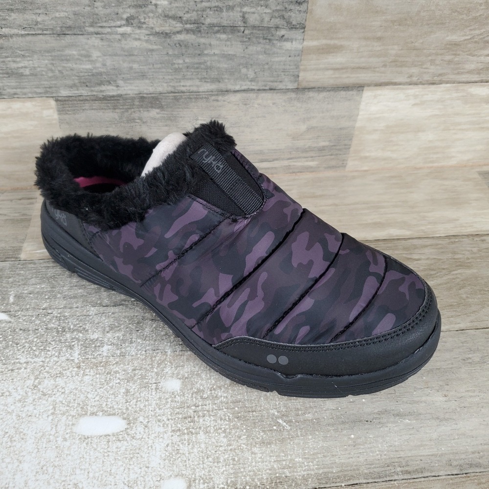 Ryka Anise Womens Loafer Sz 9 M Black Bean Camo Faux Fur Lined‎ Comfort Slip On